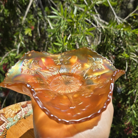 Antique Fenton Carnival Glass Little Flowers Marigold Ruffled 1908 Golden Sunset - Picture 5 of 16